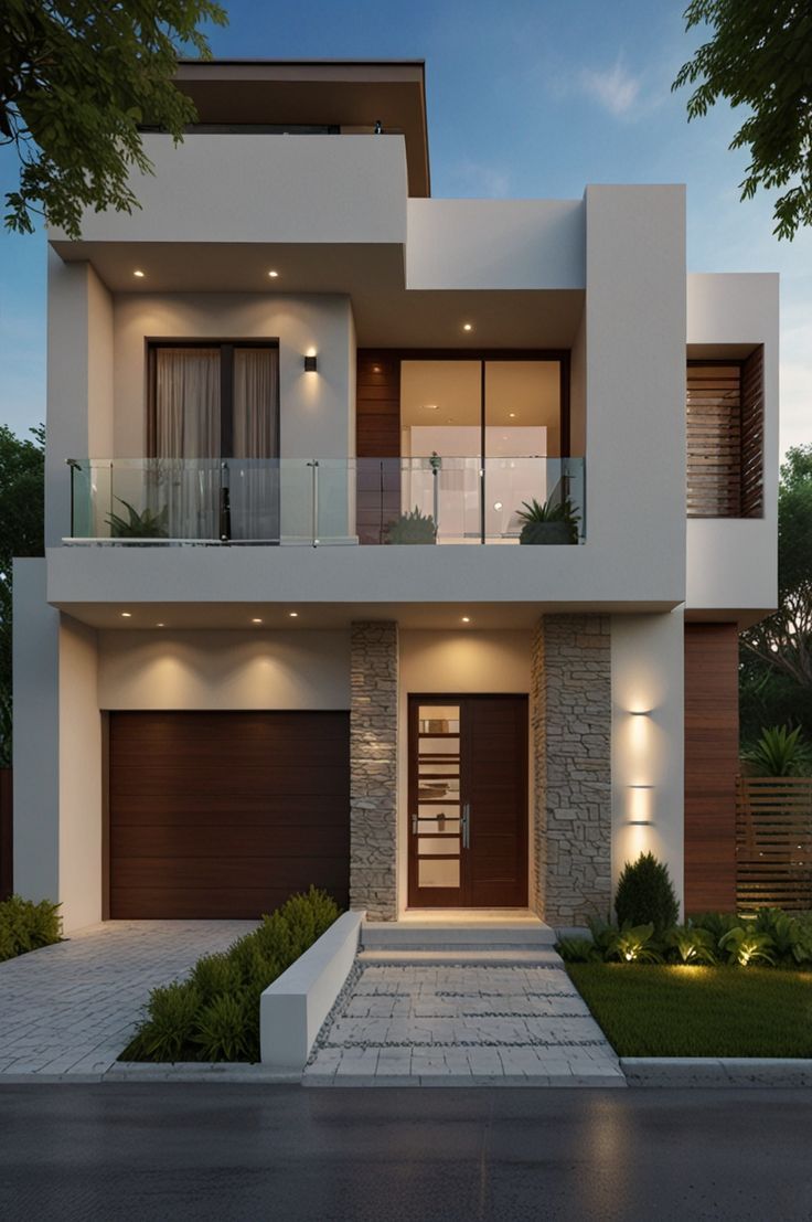 Modern house exterior featuring a sleek design in white and brown tones, showcasing contemporary architectural elements.
